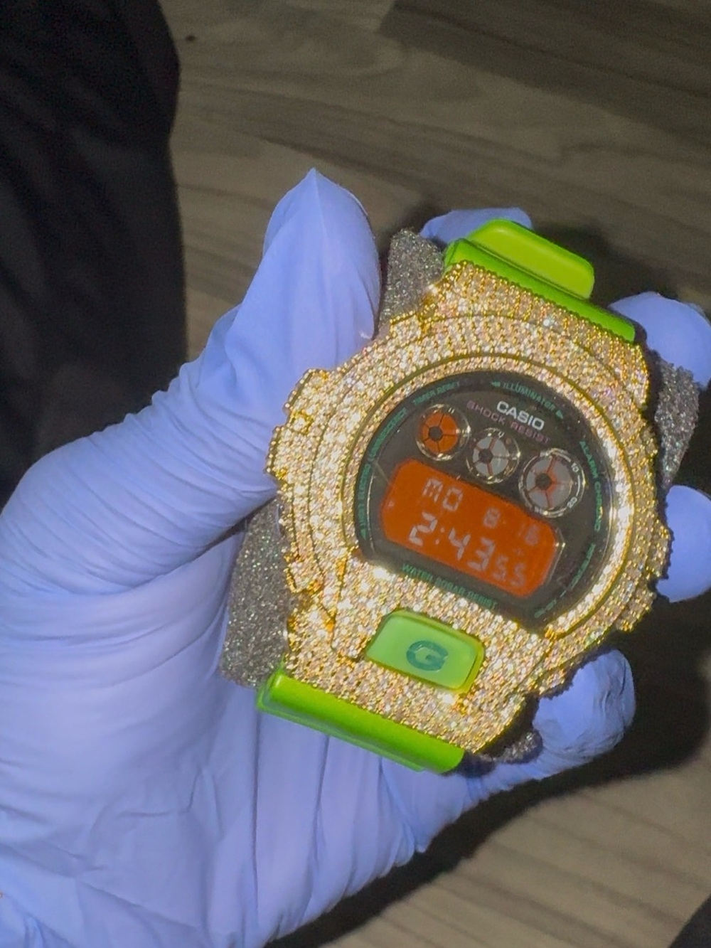 Casio Digital Watch — Gold Crystal Case with Neon Green Strap and Orange Display